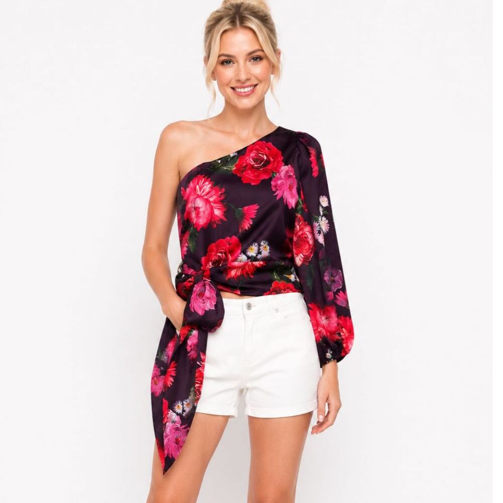 Express Deep Purple Floral Satin One-Shoulder Tie-Waist Top Blouse Sz XS NWOT